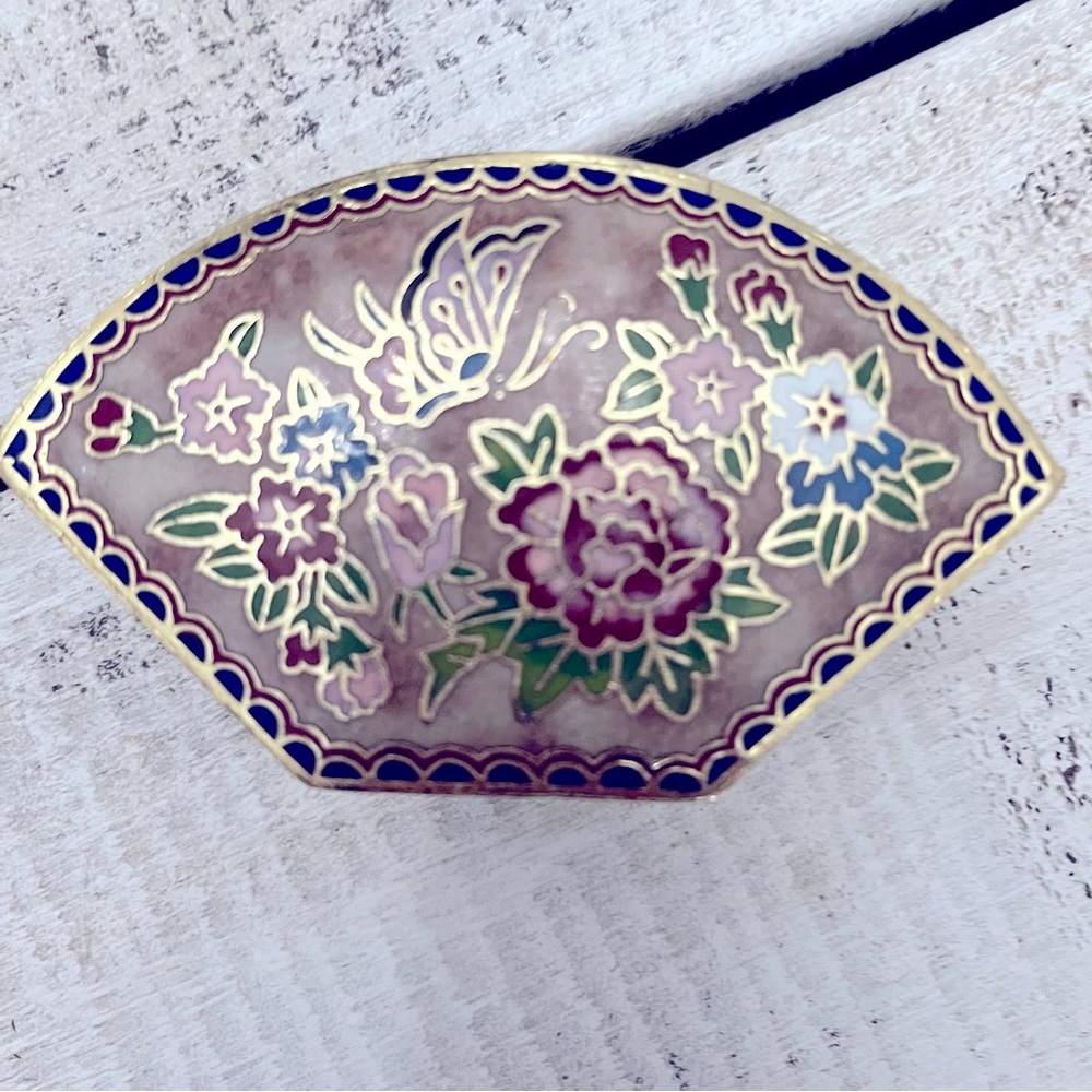 Cloisonne Floral Trinket Box w Lid Enamel Metal w Flowers Cottage
